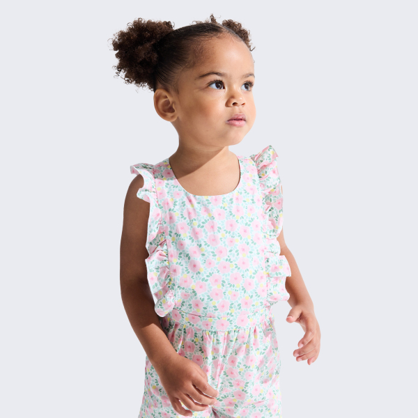 جمبسوت قصيرة بنقشة الزهور، باللون الوردي للفتيات الصغيرات